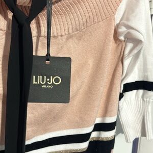 NWT. Woman’s Italian Liu Jo roll out neck pink and white sweater. Size L.
